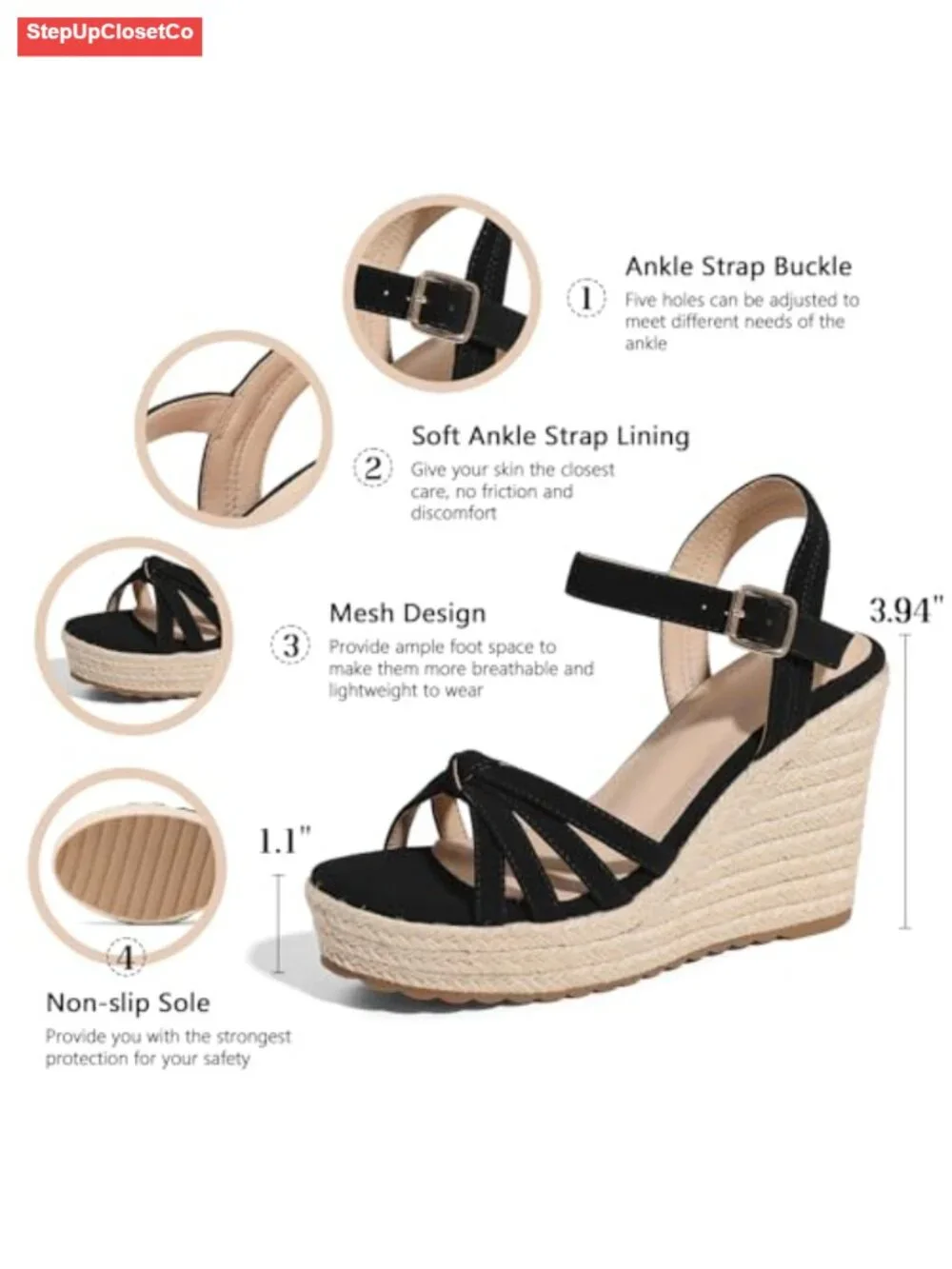 Woven Linen Straw Wedge Sandals with Platform, Adjustable Ankle Buckle,